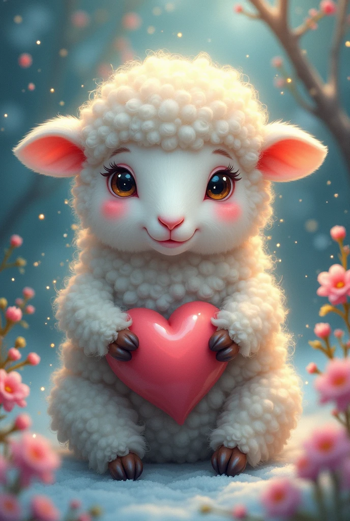 Dreamlike Fantasy ATC illustration portraying a close-up adorable fluffy otherwordly smiling sheep, Langorous gaze, perfect facial features, holding a heart, dynamic pose, inspired by Brian Viveros and Esao Andrews, dreamy atmosphere, flowers, winter sparkles, stains, bokeh, and splatters rendered in colorful iridescent alcohol ink wash to enhance organic nature, luminism, luminescence, patina accents, repoussé foil embossing, chiaroscuro lighting highlighting the form, dehazed, clarity,