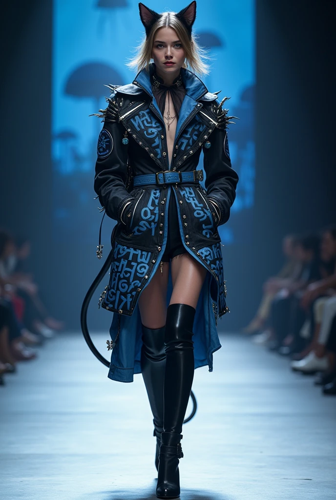 Full body photo of girl with cat face, wear black blue and white fashion outfit , She is walking the catwalk in a youthful style outfit., charming, on the costume there is the words Nha Dat 369