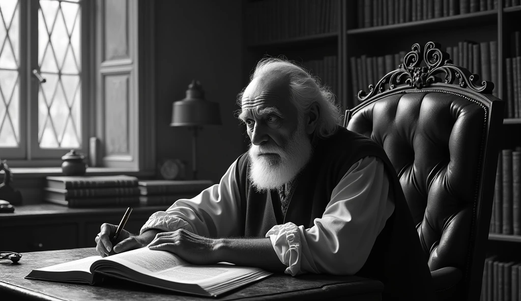 Image of an old philosopher's ancient study. Make the theme black and white. Make it vibrant and hyper realistic.