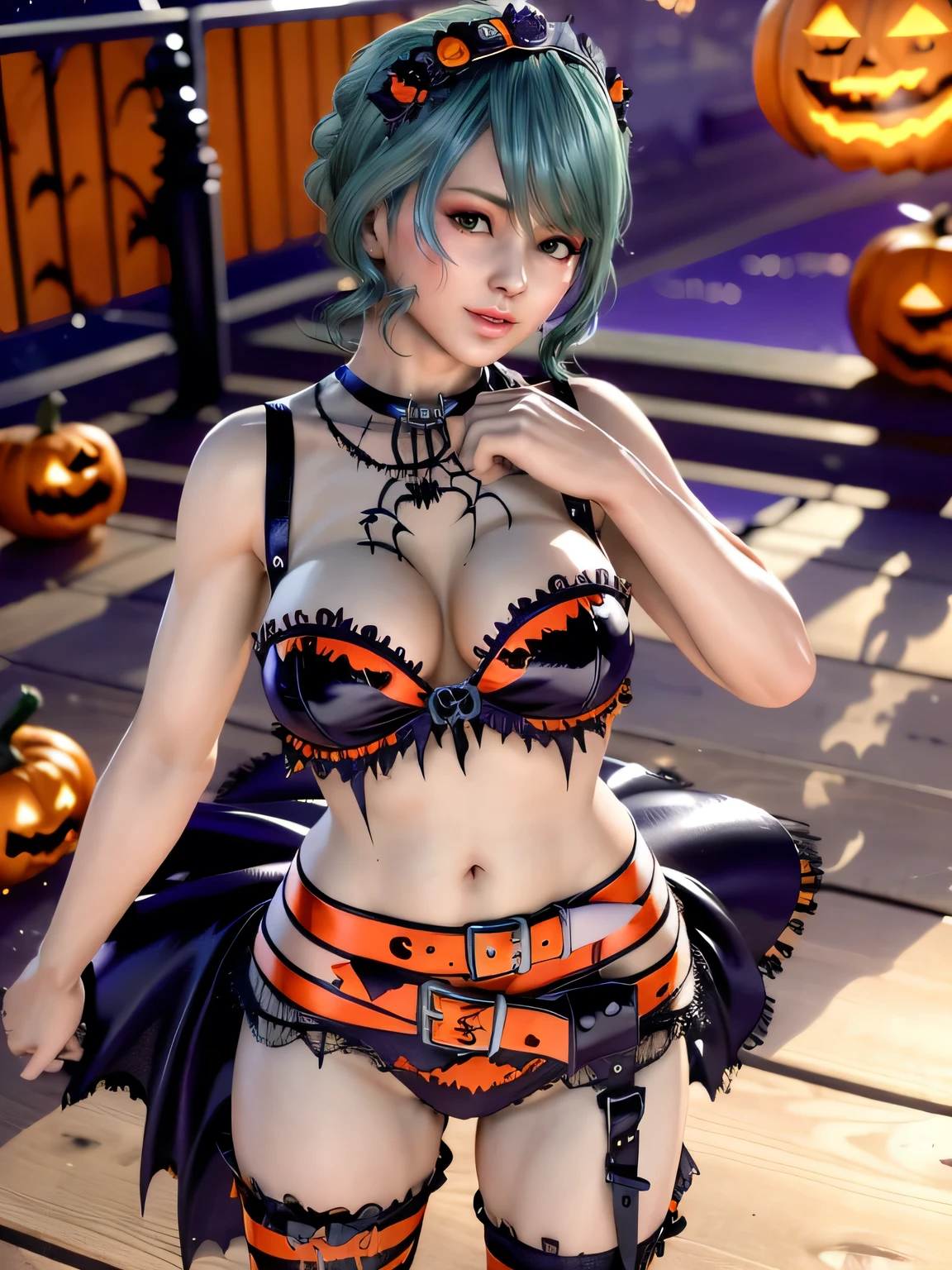 (Halloween:1.4),(night:1.3),(open stance:1.1),(clenched fist:1.1),(gothic :1.2),halloween_costume,masterpiece, best quality, HD, 8K, Ultra- high resolution, Extreme Detail, Super detailed, beautiful eyes, beautiful hair, Beautiful side, beautiful skin, curvy, Tamaki, Cosmic Eyes,