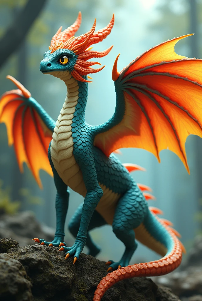 Feathers is an exotic dragon with a crown of feather-like scales on her head, big yellow eyes, long neck, long legs and a long tail with a tailfin of feather-like scales. Her legs have fins behind them, Feathers' wings are big and colorful and her scales are cyan and red, with the ends of her feather-like scales being yellow.