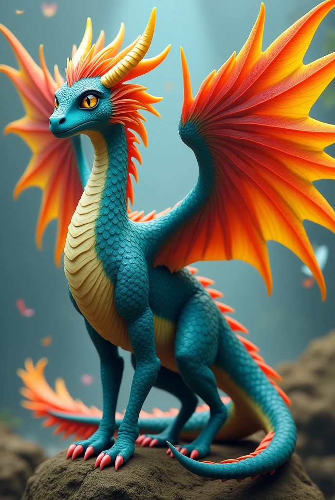Feathers is an exotic dragon with a crown of feather-like scales on her head, big yellow eyes, long neck, long legs and a long tail with a tailfin of feather-like scales. Her legs have fins behind them, Feathers' wings are big and colorful and her scales are cyan and red, with the ends of her feather-like scales being yellow.