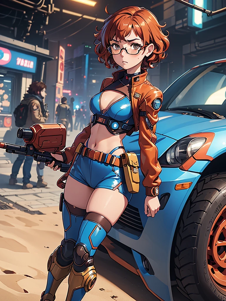 (masterpiece), (best quality),(1 girl), adult, red copper hair,(brown eyes),curly hair,(short curly hair), anime style, freckles, (small breasts),(petite figure), (blue outfit),(cyberpunk clothes)),(battle outfit),(badass outfit),legs, desert background, (gold glasses)