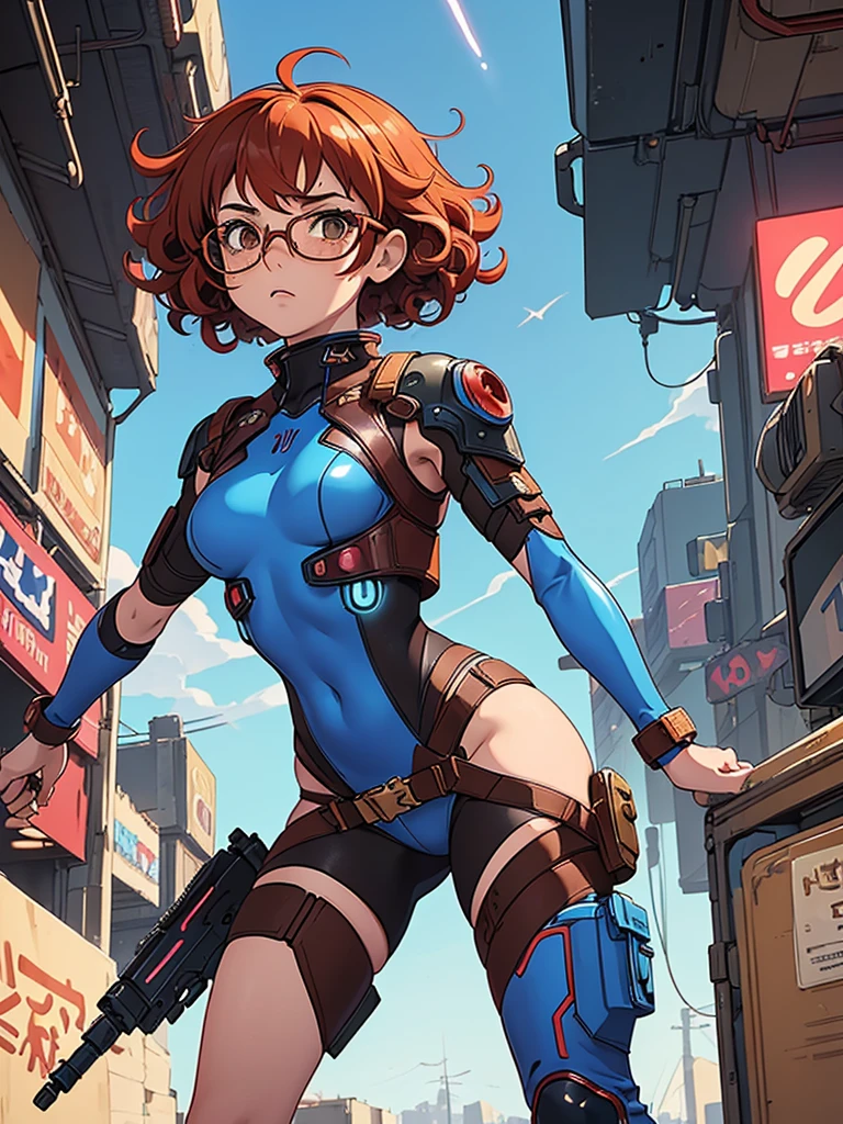 (masterpiece), (best quality),(1 girl), adult, red copper hair,(brown eyes),curly hair,(short curly hair), anime style, freckles, (small breasts),(petite figure), (blue outfit),(cyberpunk clothes)),(battle outfit),(badass outfit),legs, desert background, (gold glasses)