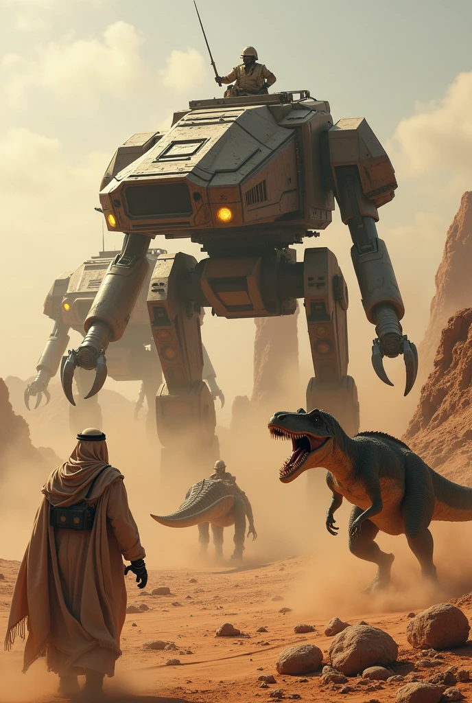 Arabic army riding robot mechs and dinosaurs to battle on a desert
