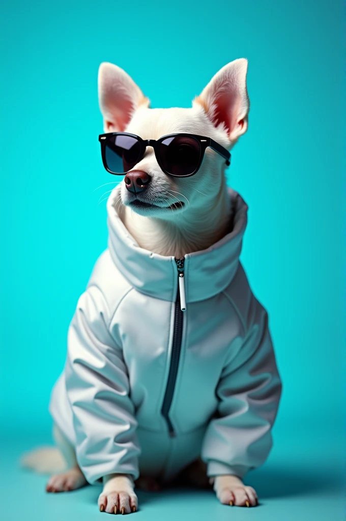 The best cell phone wallpaper, Award-Winning Wallpaper, portrait photography, In the front view is a portrait of a cute dog wearing mid-1960s space age fashion, Side view photo, Shot with Canon EOS R5, Set a strong contrast that accentuates the subject, Fluorescent blue tone, Wearing a very modern coat and sunglasses is a modern 1960s style, Clothes all in one color, beautiful background