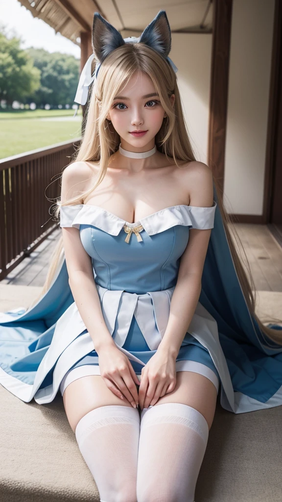 A horse-like woman with a height of 167 cm and a beautiful bust of C cup. Long straight cut hair with a very light hair color. Dark blue eyes with upturned corners, like foxes. Beautiful eye makeup. Neat nose and mouth. Clear and shiny skin. Well-groomed hands and feet. Slim figure like a model. Overwhelming smile. Photographed on the grounds of a private high school. Horse ears on her head.(Human ears are hidden by hair and cannot be seen)
With a horse tail ornament on his tailbone、The tail is coming out of the tail hole in the outfit. The dress is a gorgeous blue and white tailcoat with a ribbon on the chest, a mini skirt, and white knee socks.
