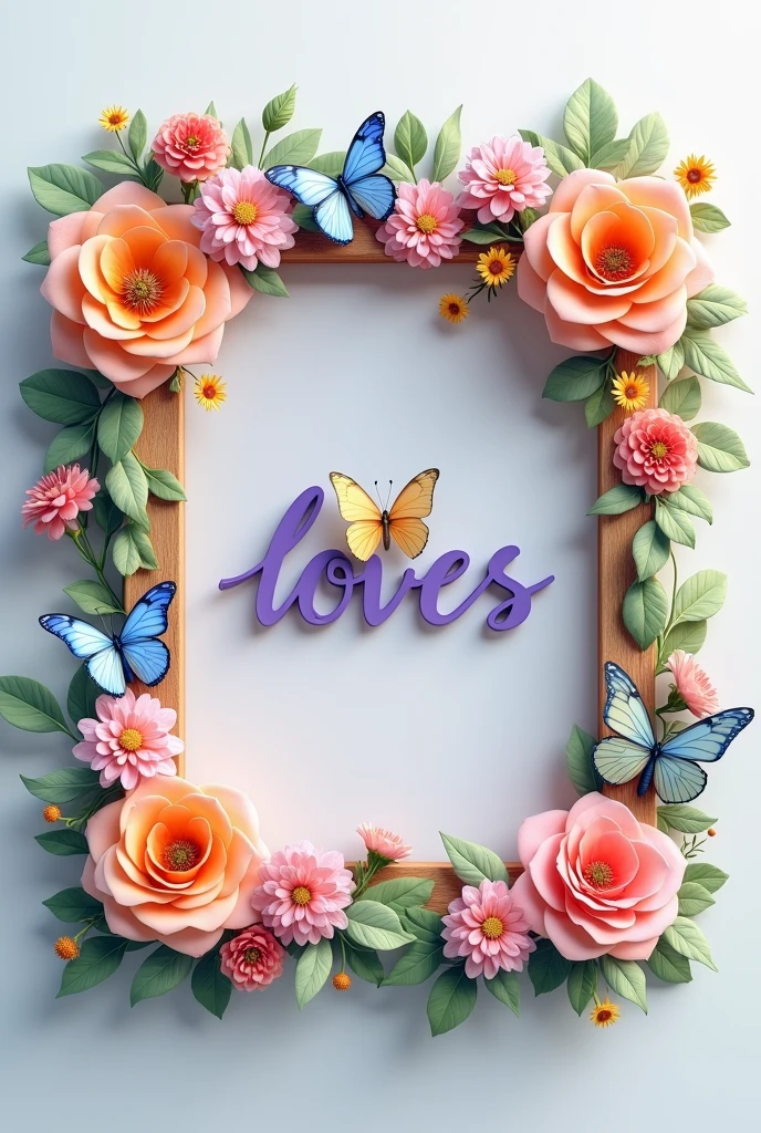 A 3d render of a square frame decorated with different flowers, butterflies, in frame "N love S" written in Capital alphabets in purple color, The background is a light gray.
