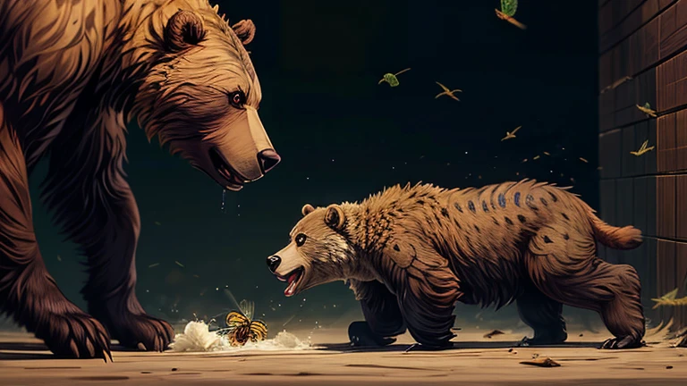 A massive grizzly bear, its fur a rich blend of chestnut and chocolate hues, lounges in the corner, indulging in stolen honey as a flurry of furious bees buzz around it. This striking scene is depicted in a vivid painting, with intricate brush strokes capturing the bear's powerful physique and the iridescent sheen of the angry insects. The bear's sharp claws glint menacingly in the dim light, its eyes gleaming with mischief as it savors the sweet, illicit treat. The chaotic swirl of bees adds a sense of urgency to the tableau, heightening the tension in this masterfully rendered image.