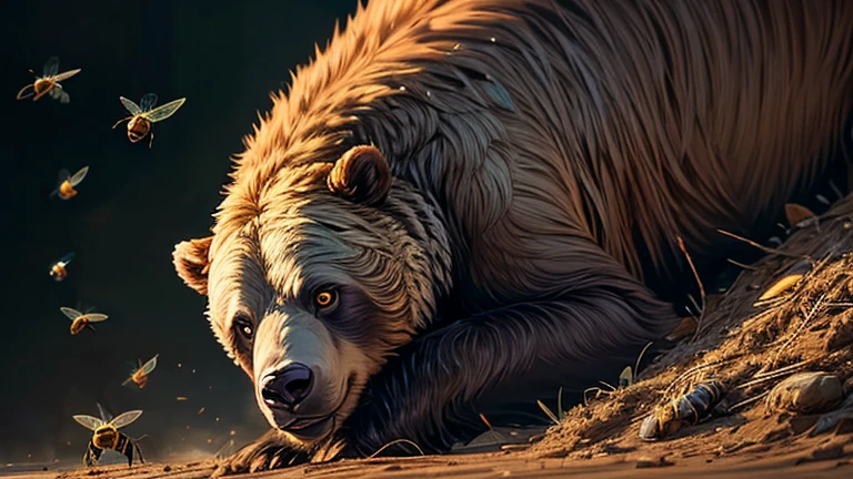 A massive grizzly bear, its fur a rich blend of chestnut and chocolate hues, lounges in the corner, indulging in stolen honey as a flurry of furious bees buzz around it. This striking scene is depicted in a vivid painting, with intricate brush strokes capturing the bear's powerful physique and the iridescent sheen of the angry insects. The bear's sharp claws glint menacingly in the dim light, its eyes gleaming with mischief as it savors the sweet, illicit treat. The chaotic swirl of bees adds a sense of urgency to the tableau, heightening the tension in this masterfully rendered image.