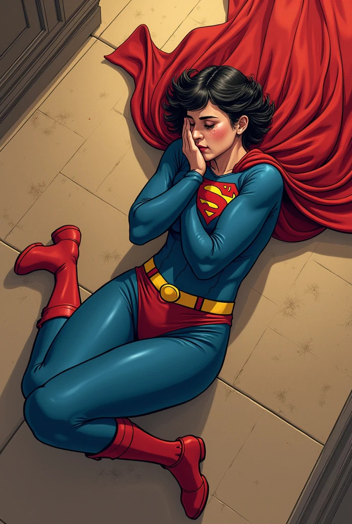 A woman with short hair dressed as Superman. with a cape. physically strong, lying on her side on the floor in the fetal position, crying with his hands on his face. Breaking down in tears. perspective from above. manga style.