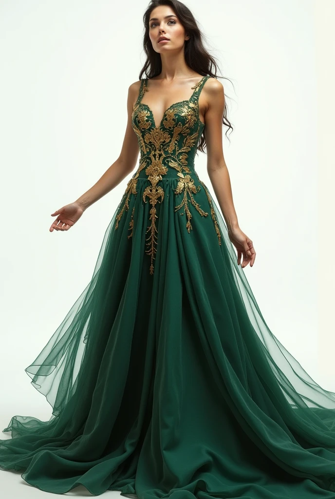 A beautiful russian girl wearing dark green and golden silk dress, pointing both hands upward in opposite direction showing viewers with white background