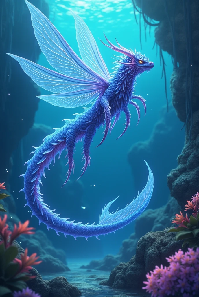 A fusion of eel + dragon anime version, dragonflies are red, with large fins, with a fin-like tail, they are mystical creatures due to their luminosity. Dragonflies are guardians of underwater treasures and mysteries. Their special ability is to release a wave of bioluminescent fire.
