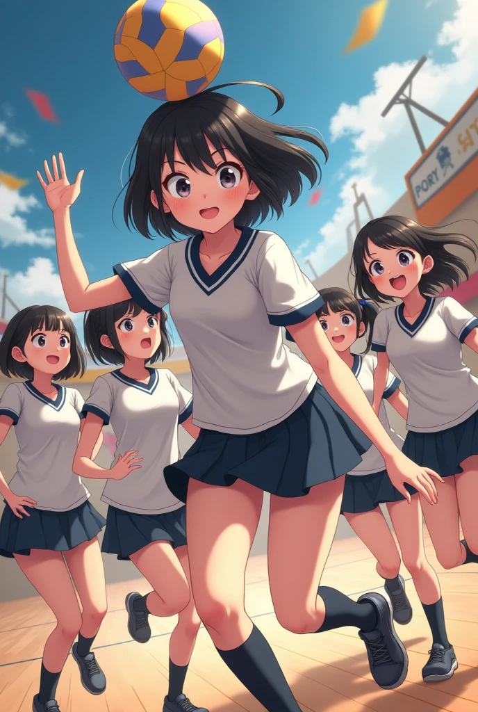 Short black haired age girl in physical education school uniform playing volleyball with her classmates and celebrating for winning