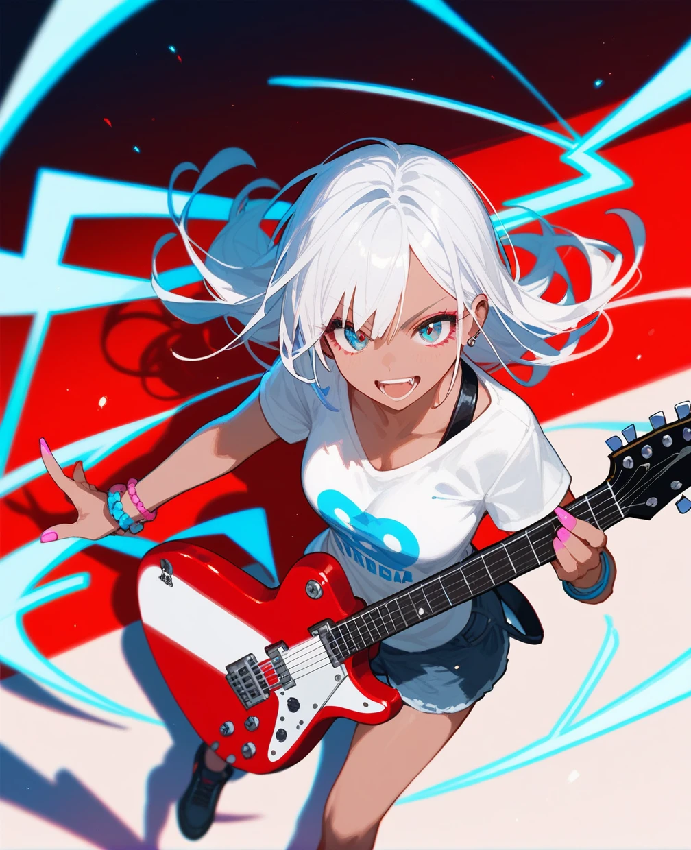 (score_9,score_8_up,score_7_up),1girl,anime base,eye color Left blue and right pink, gyaru long white hair,white t-shirt, dynamic pose,play a guitar, dynamic angle view