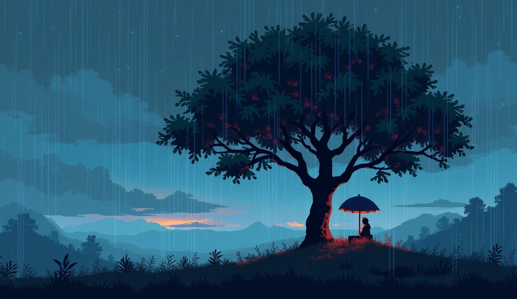 High resolution, pixel art pixel art landscape chill lofi 90s rain person sheltering under a tree
