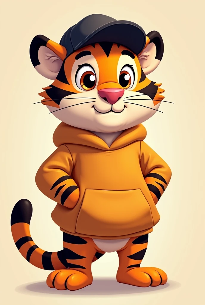 a cartoon tiger looking at the camera wearing a black cap and a sweatshirt