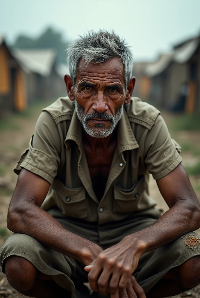 A man with short white hair, beautiful detailed eyes, tattered short sleeves, sitting on the ground in a refugee camp setting, (best quality,4k,8k,highres,masterpiece:1.2),ultra-detailed,(realistic,photorealistic,photo-realistic:1.37),detailed portrait, dramatic lighting, cinematic, muted color palette, high contrast