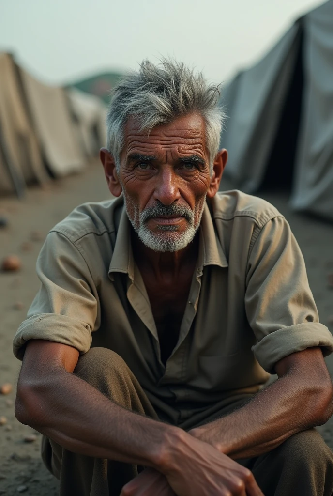 A man with short white hair, beautiful detailed eyes, tattered short sleeves, sitting on the ground in a refugee camp setting, (best quality,4k,8k,highres,masterpiece:1.2),ultra-detailed,(realistic,photorealistic,photo-realistic:1.37),detailed portrait, dramatic lighting, cinematic, muted color palette, high contrast