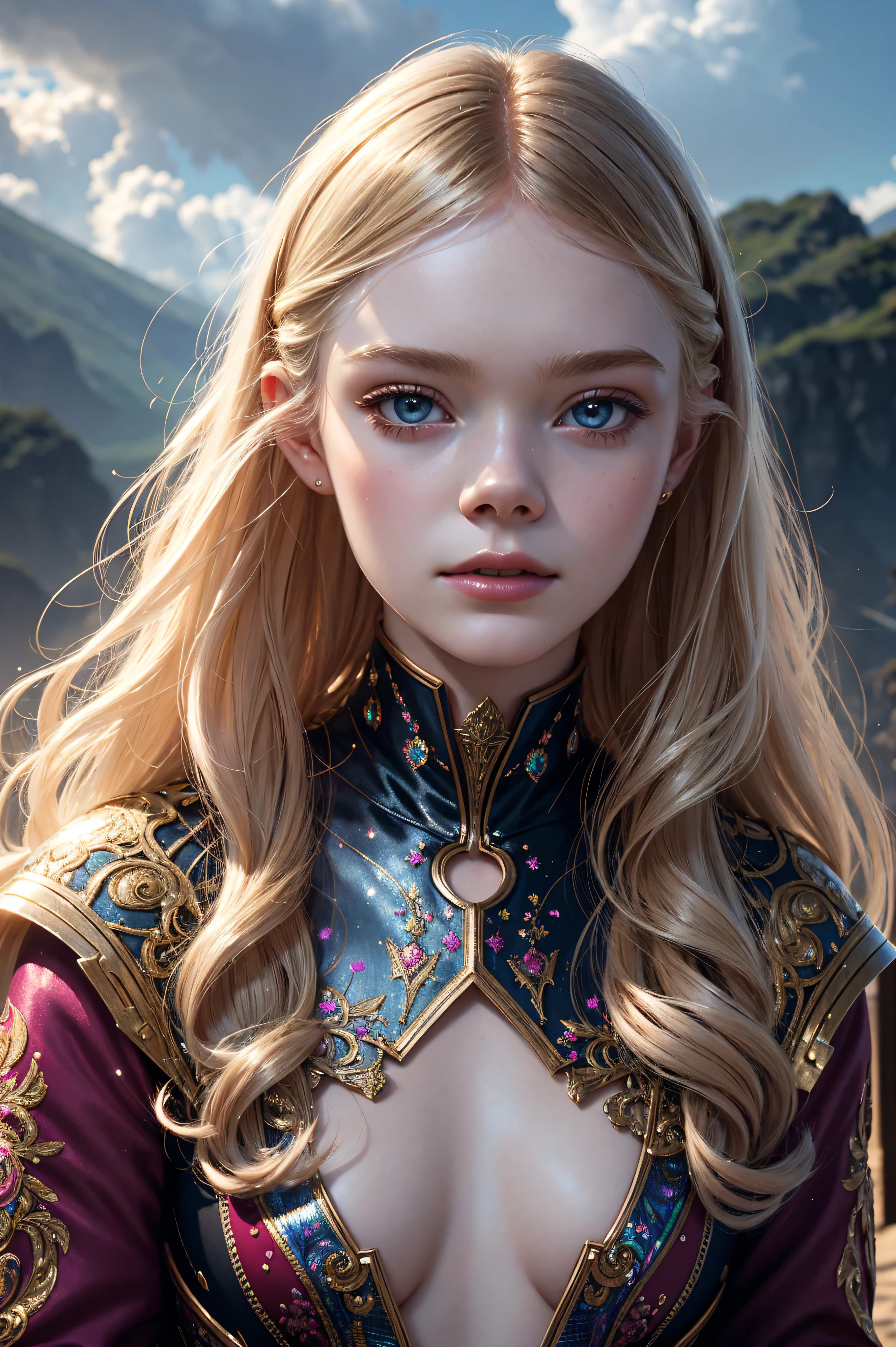 portrait Elle Fanning, wearing sexy rainbow outfit, against the background of clouds, 3 0 3 0 s, curly hair, intricate, elegant, highly detailed, digital painting, artstation, concept art, smooth, sharp focus, illustration, art by thomas kindkade, charlie bowater, artgerm, greg rutkowski, alphonse mucha and alexandra fomina, 36k, glittering, shining