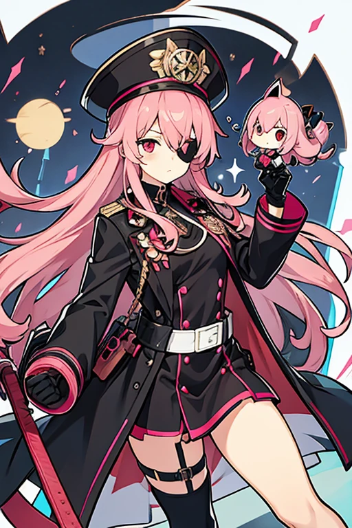 women, pink hair, with an eye patch, Red eyes, leather gloves, black dress,pink and white, Long black boots, with a cannon, with black commander hat