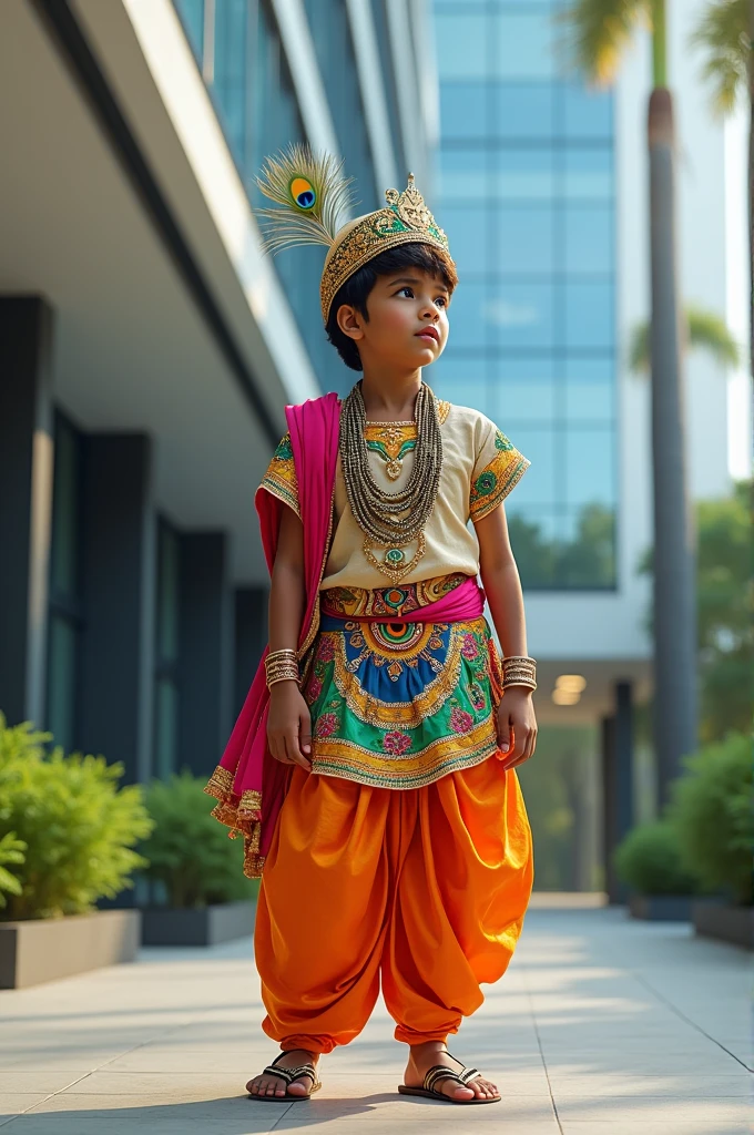 Student wear Krishna dress in genius international school building show in background