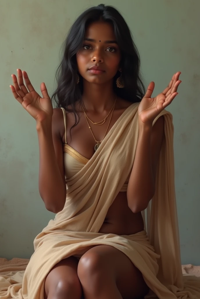 indian girl showing open thighs sitting and slim clean armpits with both hands up in the air in only sleeveless traditional blouse saree showing small cleavage, small sized boobs and also navel showing. Thighs showing , knees showing. Little dark indian skin, navel showing