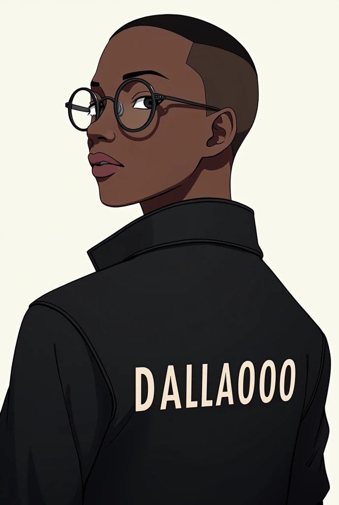 Create an anime drawing with shaved hair wearing circle style glasses with a black coat that says DALLA0000 on the back in capital letters, ain't got a lot of hair, he is a young man with black skin, africana, with adult features and shaved hair