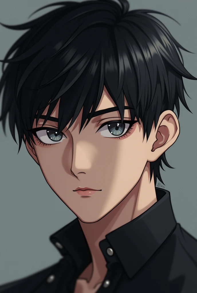1boy, black hair, short hair, grey eyes, detailed eyes,solo focus, simple background, male focus, solo, standing, sung jinwoo, portrait,, (masterpiece:1.0), (best quality:1.0), (8k wallpaper:1.0), (beautiful detailed face:1.0), (detailed deep eyes),  deep eyes,looking at viewer,