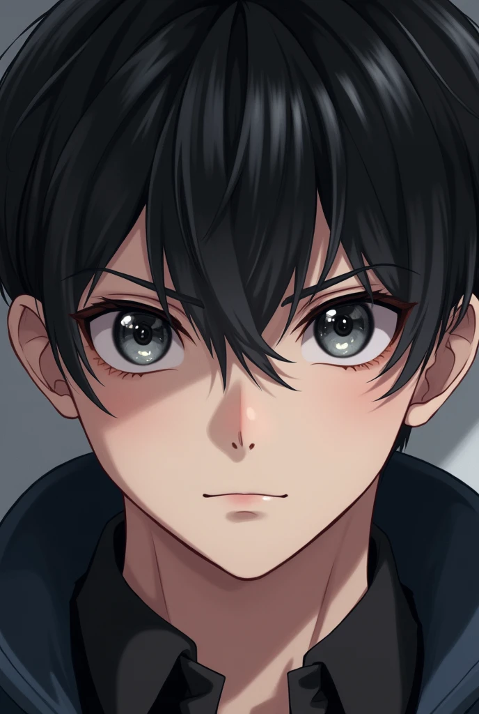 1boy, black hair, short hair, grey eyes, detailed eyes,solo focus, simple background, male focus, solo, standing, sung jinwoo, portrait,, (masterpiece:1.0), (best quality:1.0), (8k wallpaper:1.0), (beautiful detailed face:1.0), (detailed deep eyes),  deep eyes,looking at viewer,