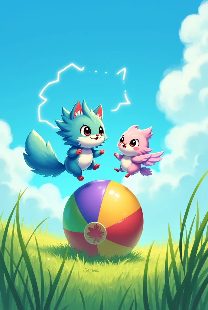 Can you draw Thunder and Feathers riding their Bouncy ball in a grassfield under a clear blue sky? And draw them non-anthro, if you can.