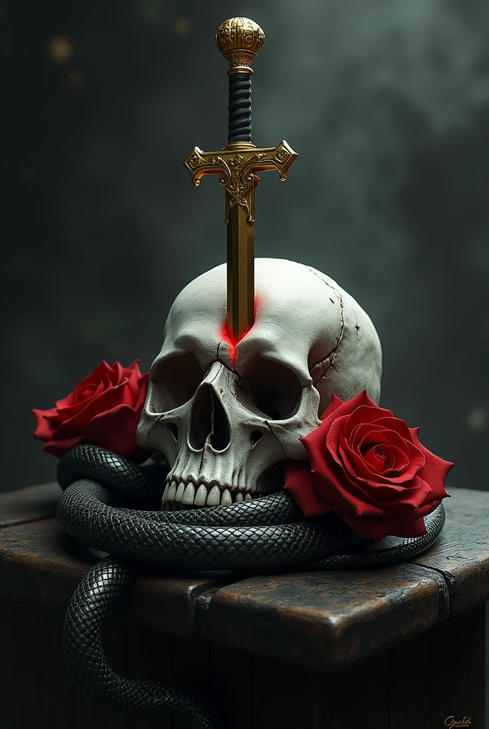 An image that works in one, a small golden dagger, A snake, a skull. Let the dagger pierce the skull, May the snake surround them along with the rose