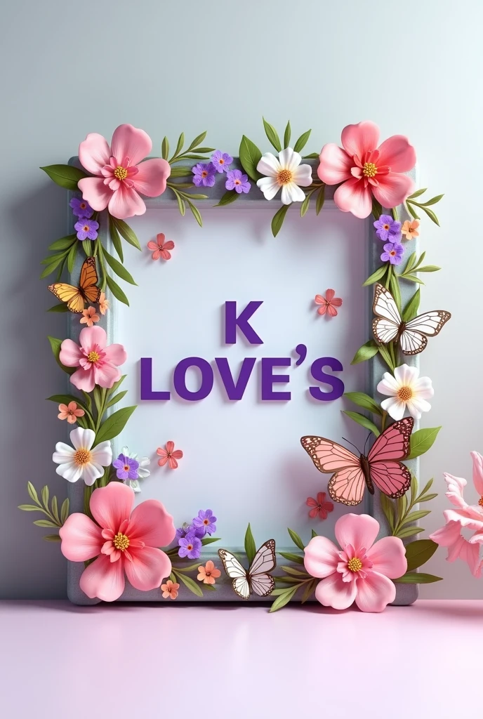 A 3d render of a square frame decorated with different flowers, butterflies, in frame "K love S" written in Capital alphabets in purple color, The background is a light gray.