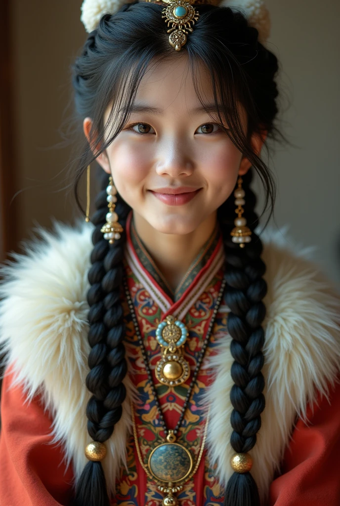 A girl, long braids, Tibetan girl, close-up, slightly raised head, smile, bust photo, upper body, appearance Yang transcendence, gorgeous Tibetan costume, cumbersome Tibetan necklace, cumbersome Tibetan headdress, fluff on clothes, white animal flull, real person CG, sweet style, film style, HD 4K