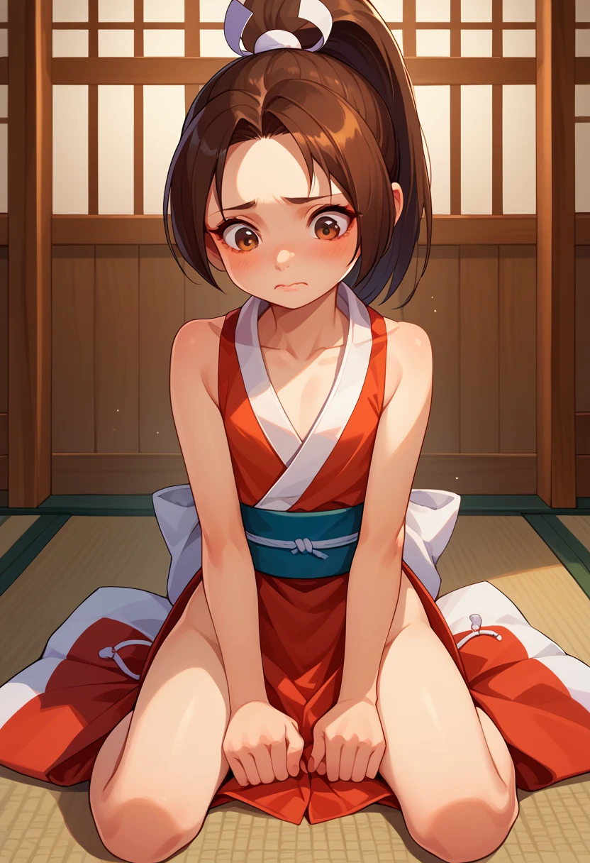 score_9, score_8_up, score_7_up, 1girl, solo, (li), kiflat chest, PonyShiranui, high ponytail, brown hair, brown eyes, japanese clothes, revealing clothes, sitting on ground, nervous, blushing, looking down, japanese shrine, AgeRegression, Oversized Clothes