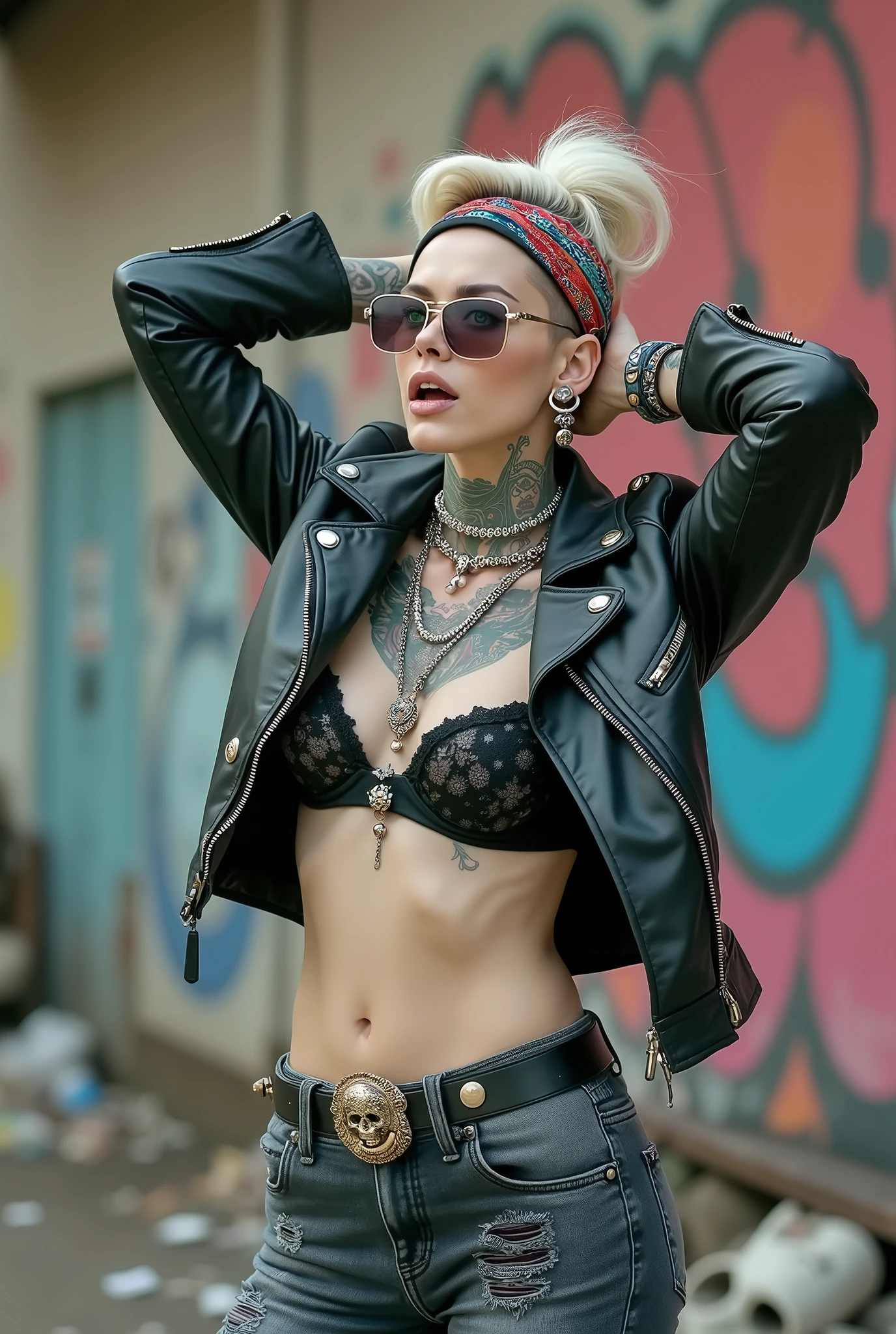 russian milf woman, grey  hair (high pompadour, top bun), with very light blue eyes, extremely pale skin. All neck tattooed. Hands and forearms all tattooed. Wearing cropped aged black moto jacket with lots of zippers and pins, flipped up collar.. black lace push up bra. Dark blue skinny  jeans.. flip flops. Wide studded leather belt with oversized buckle. Dirty knees, dirty feet and muddy hands.  Squatting on a puddle with hands on her hips, looking up, chin up, stretching her neck , humble facial expression.  Black nail polish. studded black leather tote bag with chain on the floor, next to her.. Listening with tilted head,looking up in amazement to somebody speaking to her from the sky, upper teeth visible. Well toned abdominals, thin neck, slim legs and thin arms. Narrow hips Cleavage, stomach, neck, and hands completely covered with tattoos. Dirt street in Kenyan village full of waste. Lots of silver bracelets, silver pendants,  and big pearl collars and necklaces around all the neck. A lot of tanned fat women  in traditional dresses around looking at her. next to her, all her belongings scattered on the floor: tobacco packs, makeup kit, little makeup mirror, studded black leather tote bag, lipstick, wallet, moble etc on the floor, point of view; from above