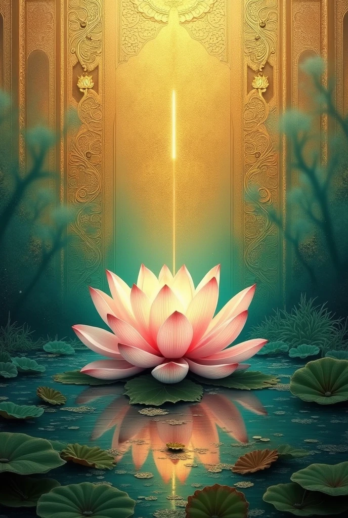Lotus flower painting、Gold and green background、Buddhist painting-like、It looks like a decoration inside a temple