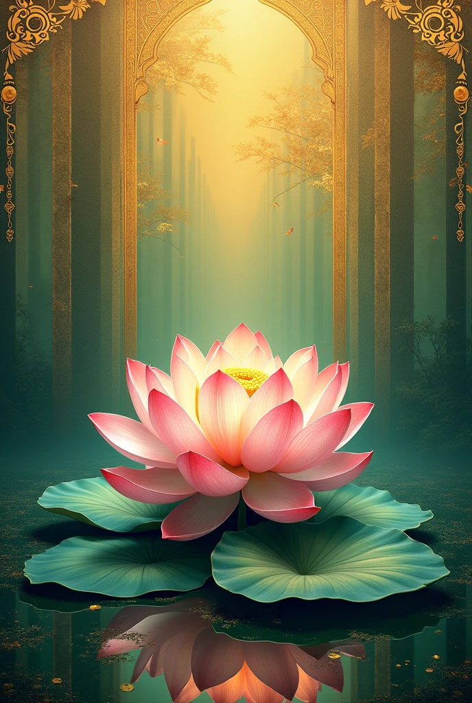 Lotus flower painting、Gold and green background、Buddhist painting-like、It looks like a decoration inside a temple