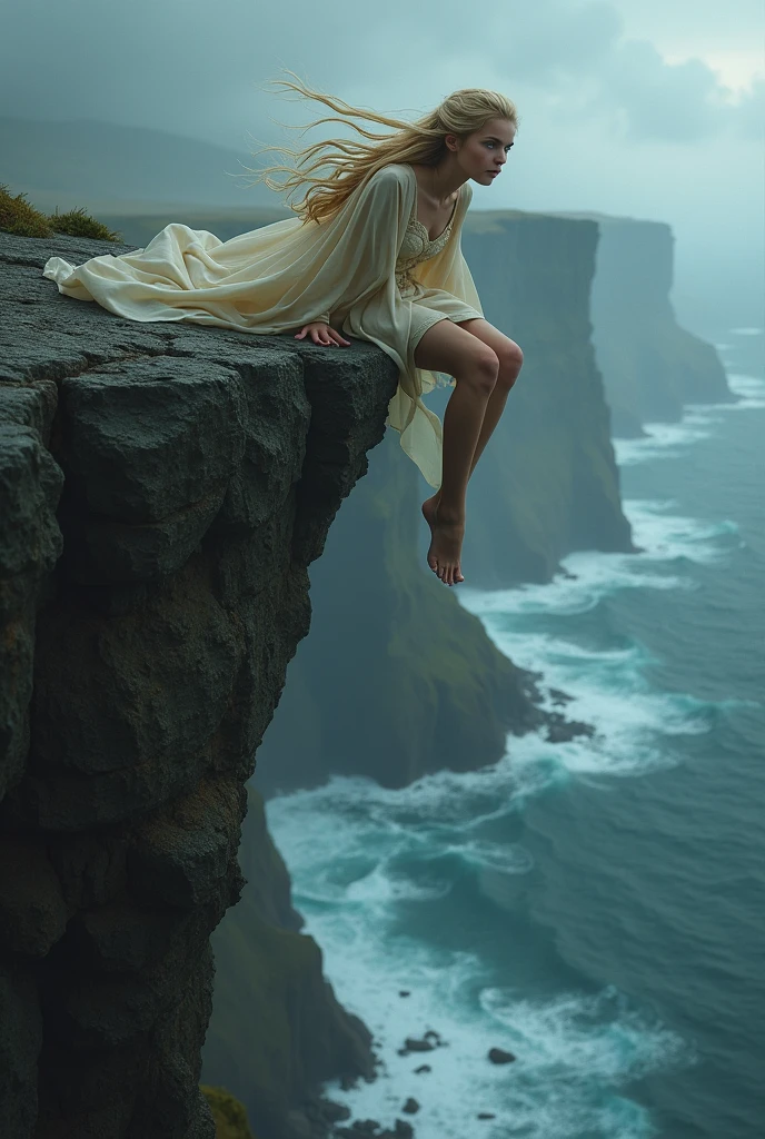 An 1 girl with blonde hair and golden strands, Sansa Stark style falling off a cliff 