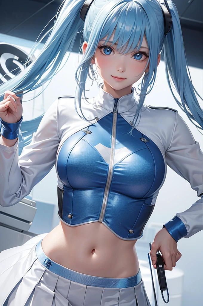 Best Quality,High resolution,8k,(plain white background, no patterns, no textures, just a plain white background:1.3),Masterpiece:1.2),beautiful girl,(focus face),Shiny light blue hair,messy hair,Beautiful light blue eyes,A futuristic high school girl wearing a sleek, modern uniform. The uniform includes a form-fitting jacket with metallic accents and LED strips that softly glow in different colors. She wears a pleated skirt made from a high-tech fabric that reflects light subtly, creating a dynamic effect as she moves. Her shoes are lightweight and designed for agility, with a futuristic style that includes holographic elements. The uniform also features smart accessories, like a digital wristband that displays various functions, and a high-tech backpack with energy-efficient power cells and a transparent, minimalist design. The background is pure white, emphasizing the advanced technology and style of the uniform,Gentle look,A refreshing look,smile,Best quality,Best Quality,Aesthetic and aesthetic:1.2,Best details((Super detailed))(High-definition CG illustrations),Slender body,smile,blush,cute,Scrounge,Looking up,Being spoiled,super model