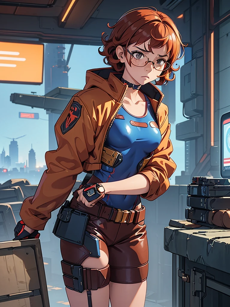 (masterpiece), (best quality),(1 girl), adult, red copper hair,(brown eyes),curly hair,(short curly hair), anime style, freckles, (small breasts),(petite figure), (blue outfit),(cyberpunk clothes)),(battle outfit),(badass outfit),legs, desert background, (gold glasses)