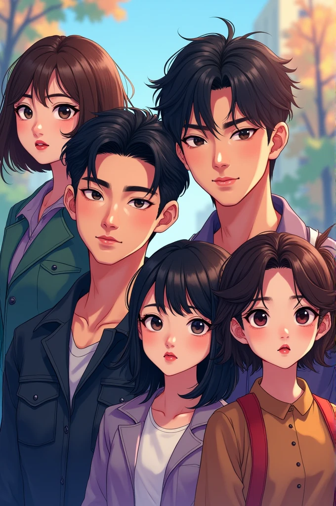 Two handsome twin brothers and three girls with different hairstyles. These people are Korean and are about 2..  It&#39;s for the cover of a work 