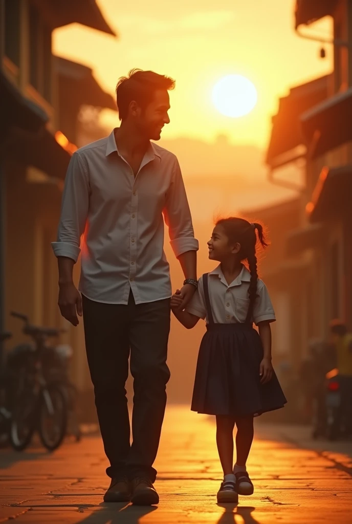 (Photorealism 1.2) high detailed definition cinematic cinematography father and daughter walking laugh happy face expression morning mode sunlight silhouette background Malay old town daughter with school uniform