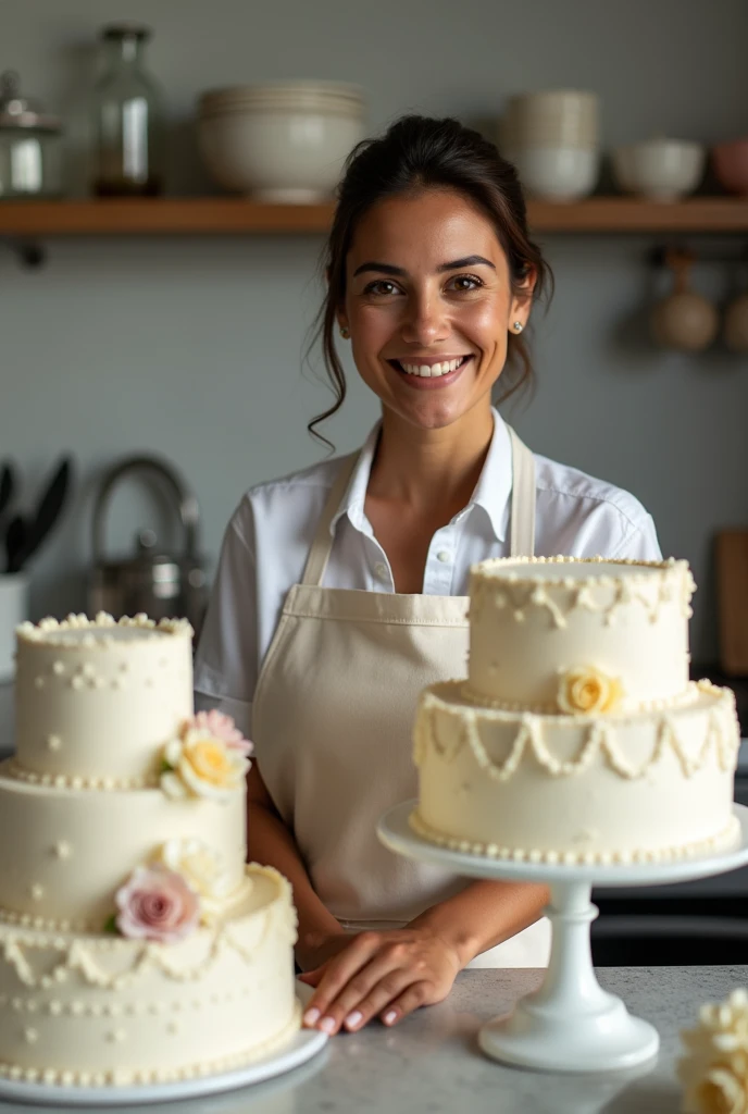 A Brazilian woman in her kitchen making wedding cakes to deliver to her client. She is wearing a tame and apron, tied hair. Your kitchen is extremely tidy. The confectioner is very happy with the order and her profits.