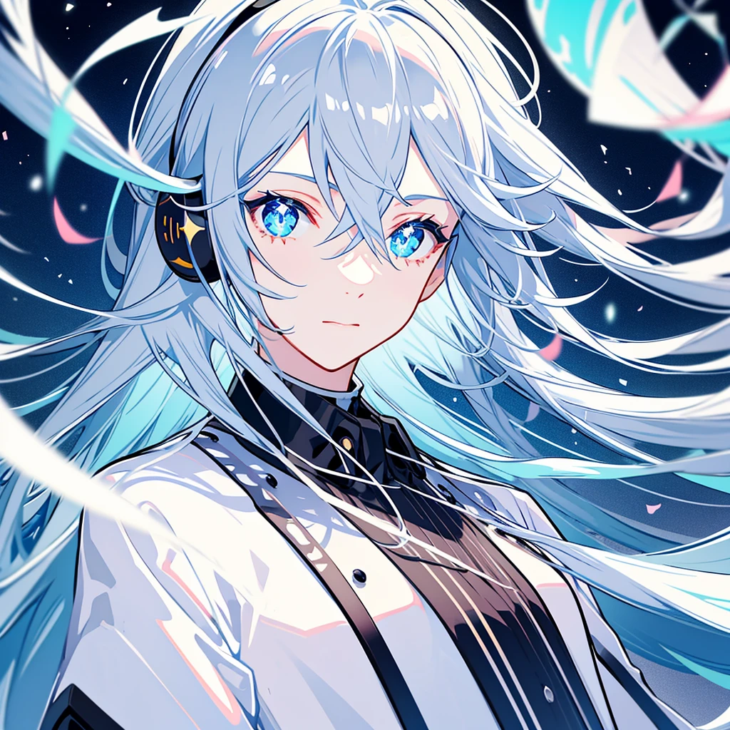 VTuber illustrations、High resolution、create、whole body,Gray Hair,Neutral Facial Features,cute,Clever boy,Bangs between the eyes, Stars in the sky, White eyes, Gradient color eyes, Gradient Eye, Long eyelashes, Sparkling eyes, Ahoge, Cinematic Lighting Effects, Bright Eyes, Sparkling eyes, Glowing Eyes, Black clothes,universe,I have headphones on