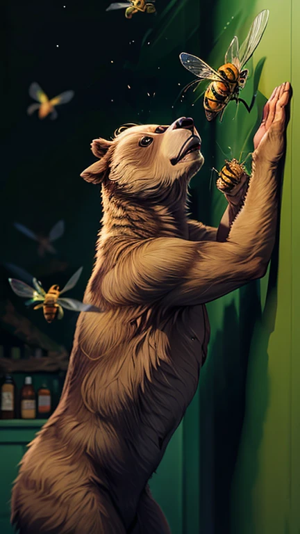 A massive grizzly bear, its fur a rich blend of chestnut and chocolate hues, lounges in the corner, indulging in stolen honey as a flurry of furious bees buzz around it. This striking scene is depicted in a vivid painting, with intricate brush strokes capturing the bear's powerful physique and the iridescent sheen of the angry insects. The bear's sharp claws glint menacingly in the dim light, its eyes gleaming with mischief as it savors the sweet, illicit treat. The chaotic swirl of bees adds a sense of urgency to the tableau, heightening the tension in this masterfully rendered image.