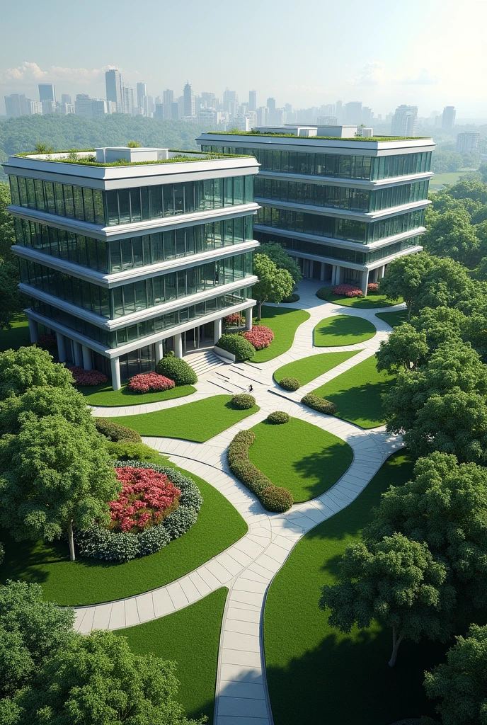 A company headquarters with 3 story buildings in it's compound with flowers,grass and trees 