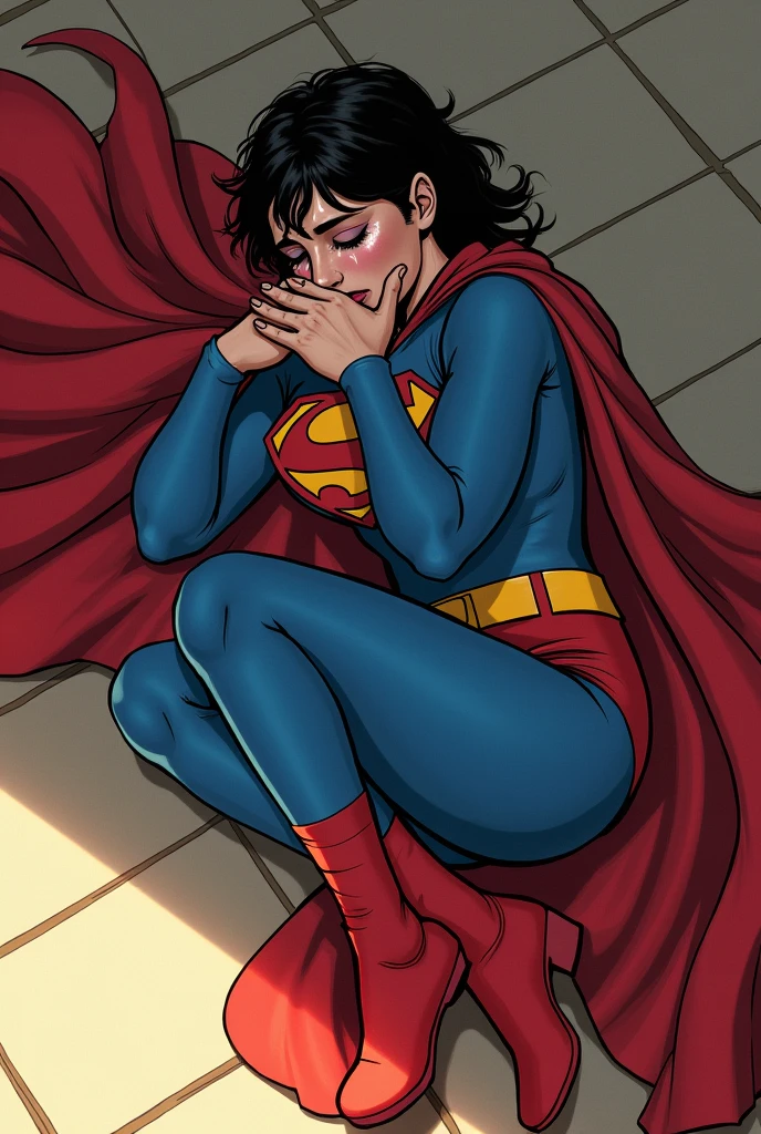 A woman with short hair dressed as Superman. with a cape. physically strong, lying on her side on the floor in the fetal position, crying with his hands on his face. Breaking down in tears. perspective from above. manga style.