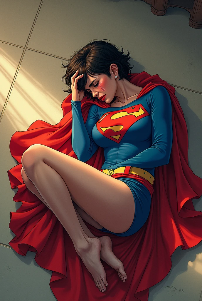 A woman with short hair dressed as Superman. with a cape. physically strong, lying on her side on the floor in the fetal position, crying with his hands on his face. Breaking down in tears. perspective from above. manga style.