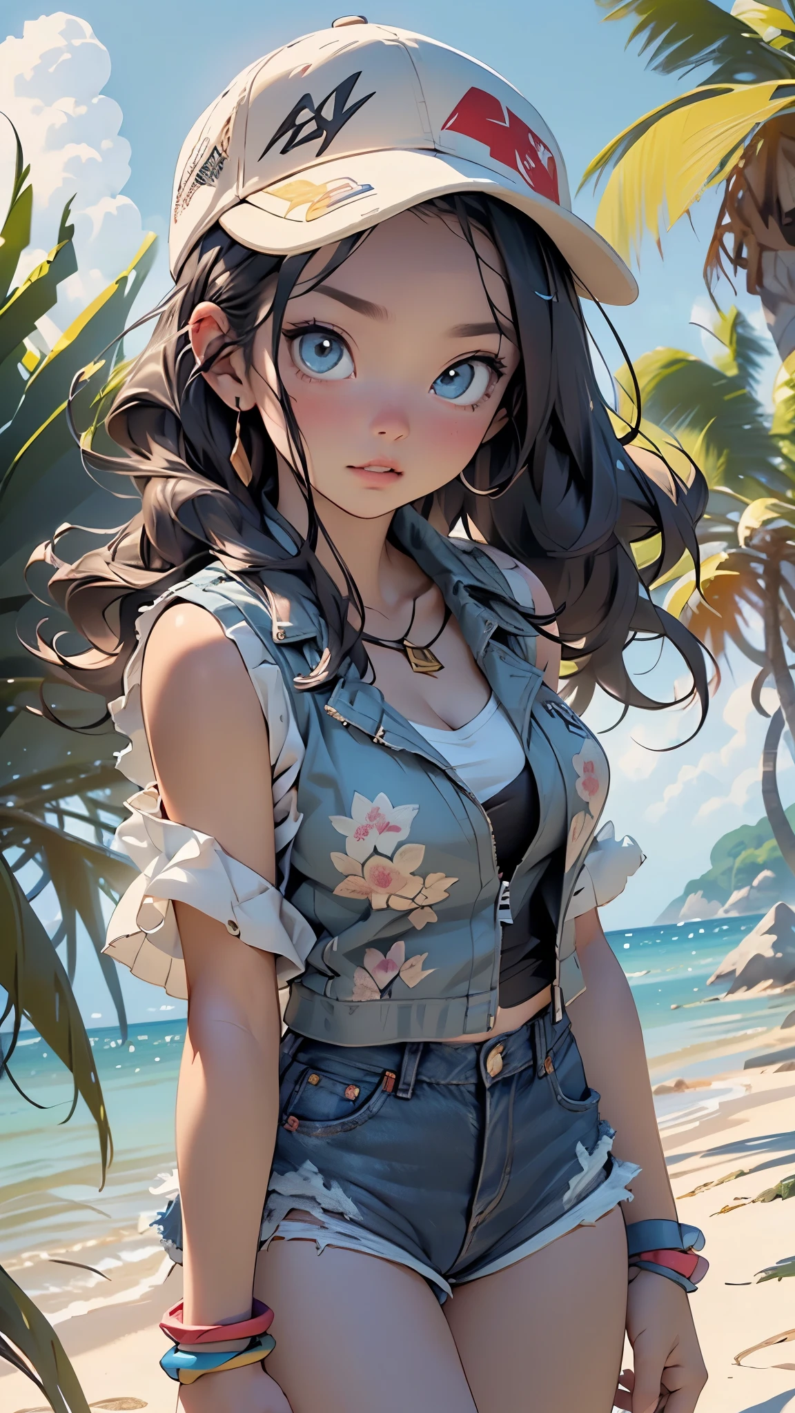 ((Hilda from pokemon)),hilda_(pokemon),1girl,,Pokemon_style, pokemon_Characters,
(large breasts:1.5),((((very long hair,big hair,dark hair,dark long hair,dark ponytail,dark sidelocks,dark_hair, long_hair, high_ponytail, ponytail)))),(((blue_eyes:1.3))),intricate eyes,beautiful detailed eyes,symmetrical eyes,big eyes:1.5((((lustrous skin:1.5,bright skin: 1.5,shiny skin,very shiny skin,shiny body)))),(spider lower abdomen,narrow waist,wide hip,athletic body,inflated legs,thick thighs),(((detailed face))),beautiful detailed lips,Highlighted feminine curves,athletic build,slim athletic waist, wide hips,thick thighs,thighs, (bare legs),collarbone,
cute,slutty,sensual,seductive look,seductive,((erotic)),(((nsfw))),
((baseball cap:1.1,baseball_cap,hat,print headwear,poke ball print,red headwear:1.1)),((black vest,sleeveless,vest,open vest)),((shirt,white shirt,sleeveless shirt,cleavage,open clothes)),(((shorts,denim,denim shorts,cheeky shorts,torn shorts))),(((unzipped, open fly))),
(exposed pocket,satchel,wristband,black wristband),
dynamic pose,looking at viewer,embarrassed,centered,scale to fit dimensions,Rule of thirds,
outdoors, ocean, (ocean in the background),((Sky, Sea, clouds,)), with dark stormy clouds,((beach scenery,intricate scenery)), scenery, extremely scenery, clouds, palm trees, reeds, (sunset, golden hour),
(Glossy pokemon ornaments),highres,sharp focus,(ultra detailed,extremely detailed),(photorealistic artwork:1.37),(extremely detailed CG unity 8k wallpaper),(((vibrant colors,vibrant theme))),(intricate),(masterpiece),(best quality),artistic photography,(photography taken by sldr),(intricate background),perfect rendered face,perfect face details,realistic face,photo realistic,((intricate detail)),(((realism))),